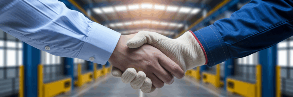 Manager and worker shaking hands safely.